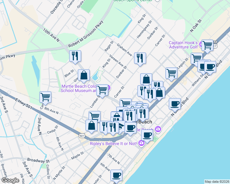 map of restaurants, bars, coffee shops, grocery stores, and more near 1100 Carver Street in Myrtle Beach