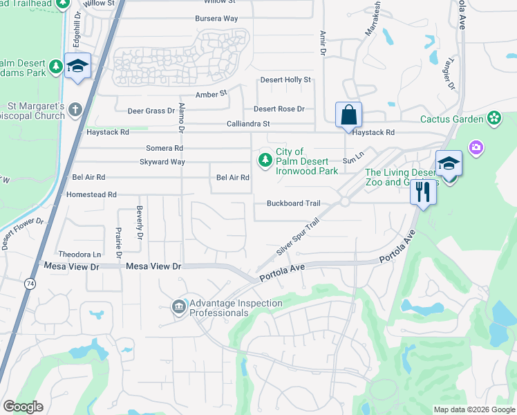 map of restaurants, bars, coffee shops, grocery stores, and more near 73271 Buckboard Trail in Palm Desert