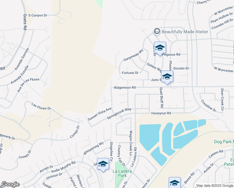 map of restaurants, bars, coffee shops, grocery stores, and more near 25004 Crestpeak Court in Menifee