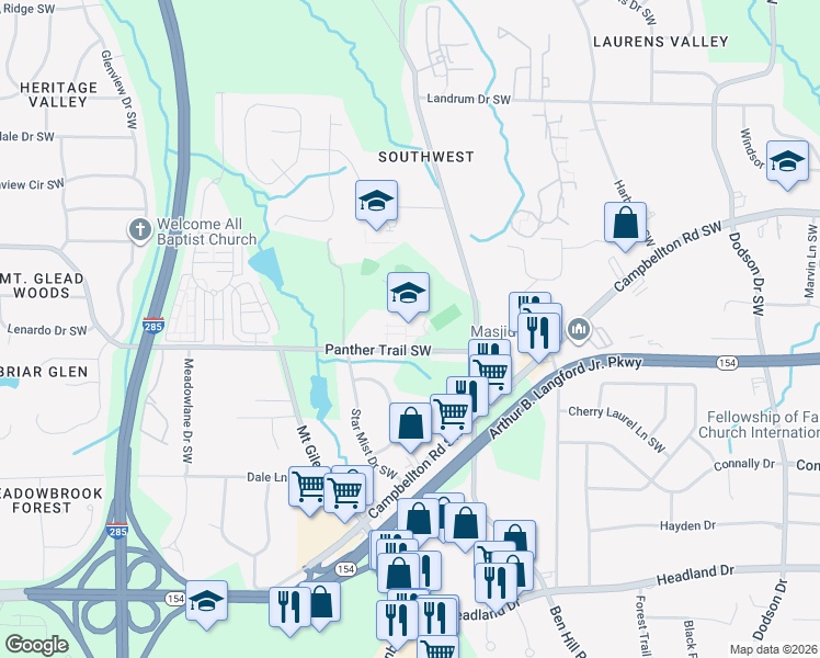 map of restaurants, bars, coffee shops, grocery stores, and more near 3099 Panther Trail Southwest in Atlanta