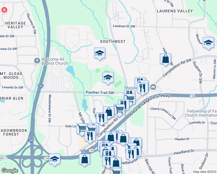 map of restaurants, bars, coffee shops, grocery stores, and more near 3099 Panther Trail Southwest in Atlanta