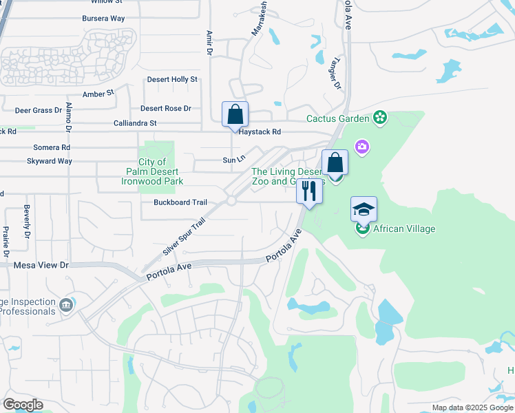 map of restaurants, bars, coffee shops, grocery stores, and more near 48088 Birdie Way in Palm Desert
