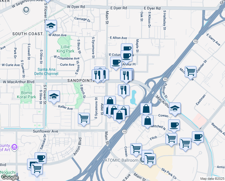 map of restaurants, bars, coffee shops, grocery stores, and more near 100 East Macarthur Boulevard in Santa Ana