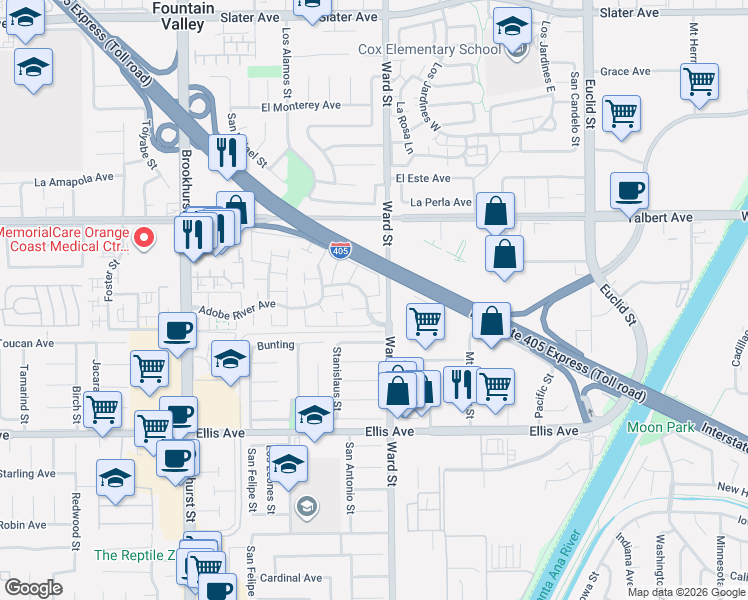 map of restaurants, bars, coffee shops, grocery stores, and more near 10453 Rio Grande Court in Fountain Valley