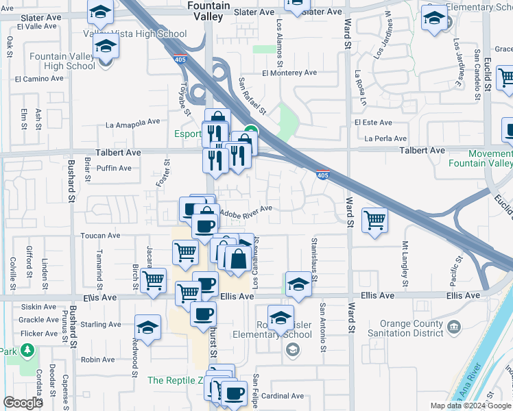 map of restaurants, bars, coffee shops, grocery stores, and more near 18192 Canyon Court in Fountain Valley