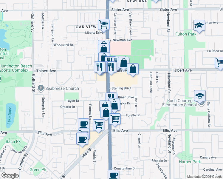 map of restaurants, bars, coffee shops, grocery stores, and more near 18152 Beach Boulevard in Huntington Beach