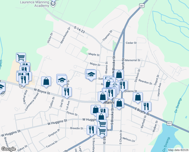 map of restaurants, bars, coffee shops, grocery stores, and more near 105 Sumter Street in Manning