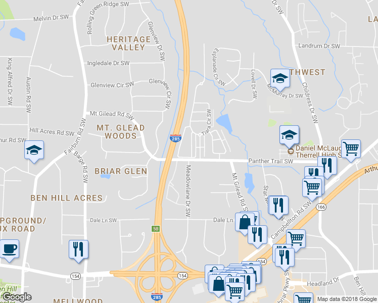 map of restaurants, bars, coffee shops, grocery stores, and more near 3537 Parc Circle Southwest in Atlanta