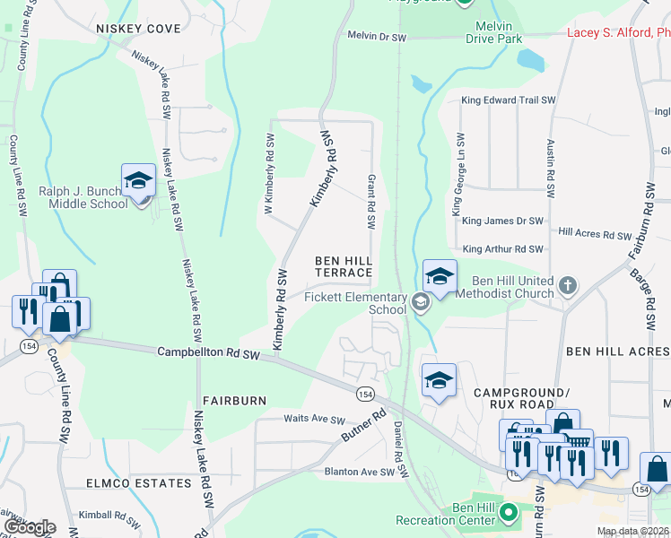 map of restaurants, bars, coffee shops, grocery stores, and more near 4089 Sunset Drive Southwest in Atlanta