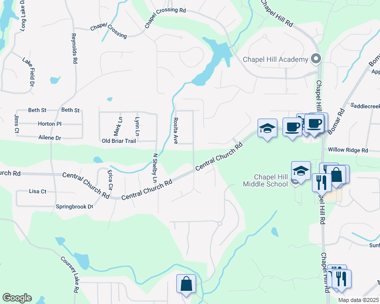 map of restaurants, bars, coffee shops, grocery stores, and more near 3898 Rosedale Lane in Douglasville