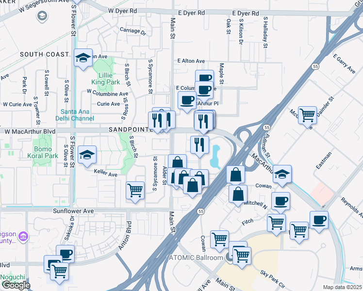 map of restaurants, bars, coffee shops, grocery stores, and more near 100 East Macarthur Boulevard in Santa Ana