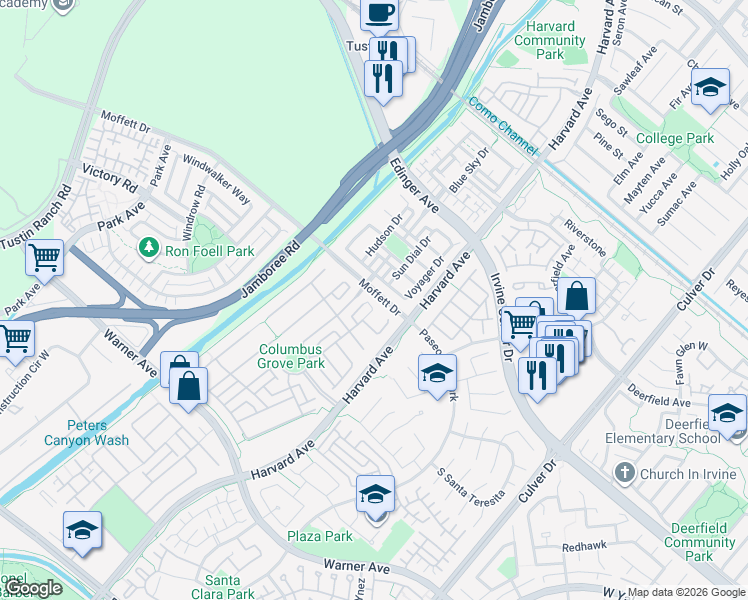 map of restaurants, bars, coffee shops, grocery stores, and more near 16626 Mosscreek Street in Tustin