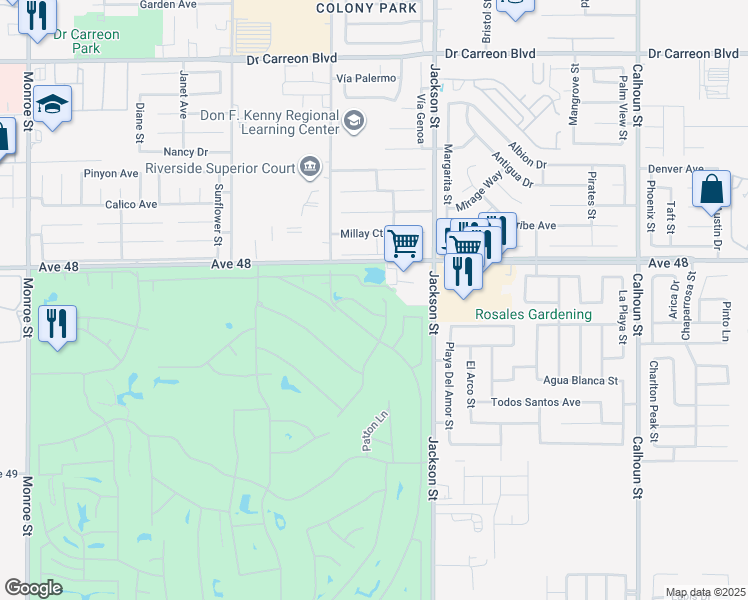 map of restaurants, bars, coffee shops, grocery stores, and more near 48223 Garbo Drive in Indio