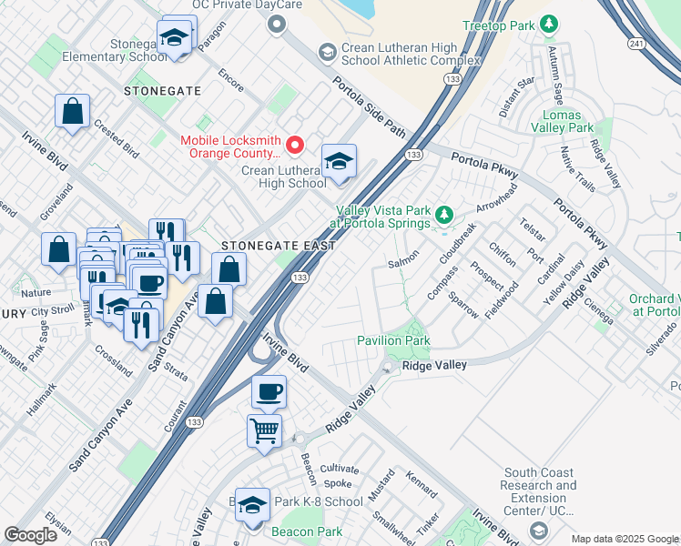 map of restaurants, bars, coffee shops, grocery stores, and more near 116 Neptune in Irvine