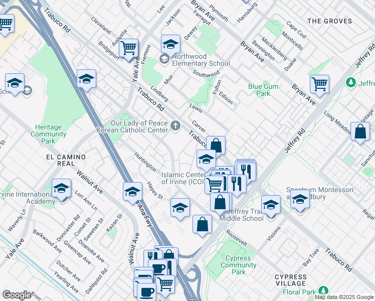 map of restaurants, bars, coffee shops, grocery stores, and more near 26 Ericson Aisle in Irvine