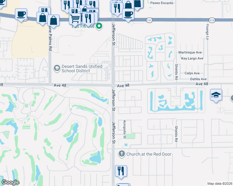 map of restaurants, bars, coffee shops, grocery stores, and more near 48117 London Bridge Place in Indio
