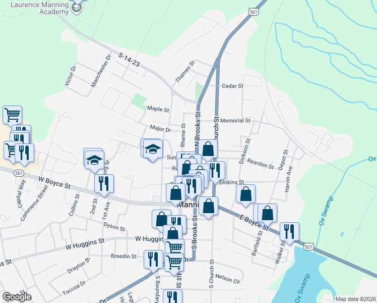 map of restaurants, bars, coffee shops, grocery stores, and more near 211 North Brooks Street in Manning