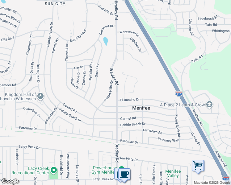map of restaurants, bars, coffee shops, grocery stores, and more near 29085 Bradley Road in Menifee