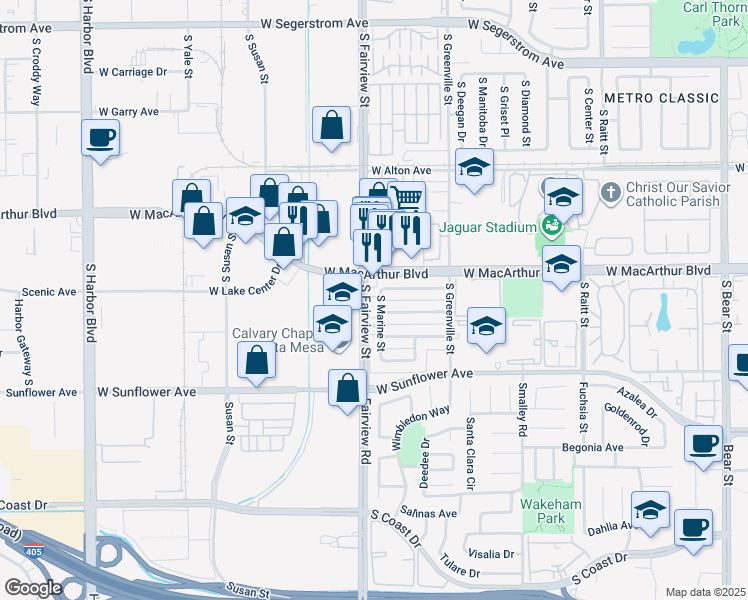 map of restaurants, bars, coffee shops, grocery stores, and more near 3602 South Marine Street in Santa Ana
