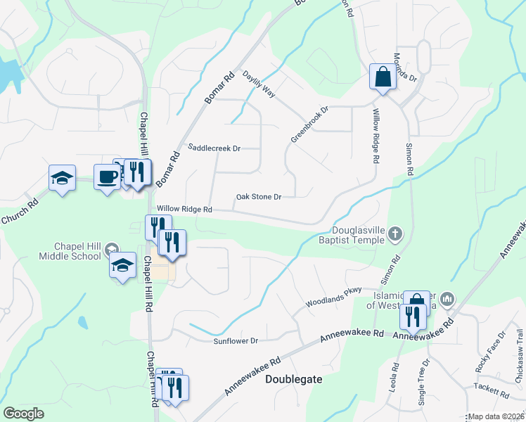 map of restaurants, bars, coffee shops, grocery stores, and more near 4100 Willow Ridge Road in Douglasville