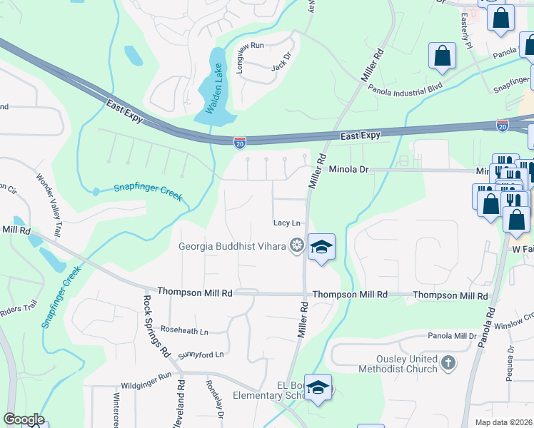 map of restaurants, bars, coffee shops, grocery stores, and more near 2935 Lacy Lane in Stonecrest