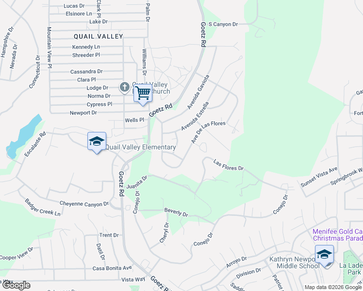 map of restaurants, bars, coffee shops, grocery stores, and more near 29039 Avenue De Las Flores in Menifee