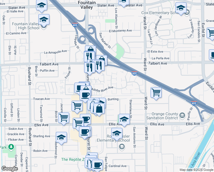 map of restaurants, bars, coffee shops, grocery stores, and more near 18195 Canyon Court in Fountain Valley