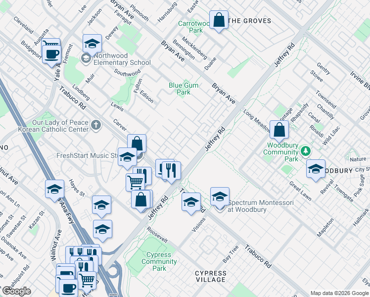 map of restaurants, bars, coffee shops, grocery stores, and more near 56 Crabapple in Irvine