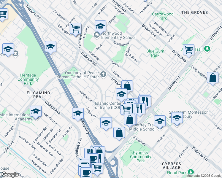 map of restaurants, bars, coffee shops, grocery stores, and more near 26 Ericson Aisle in Irvine