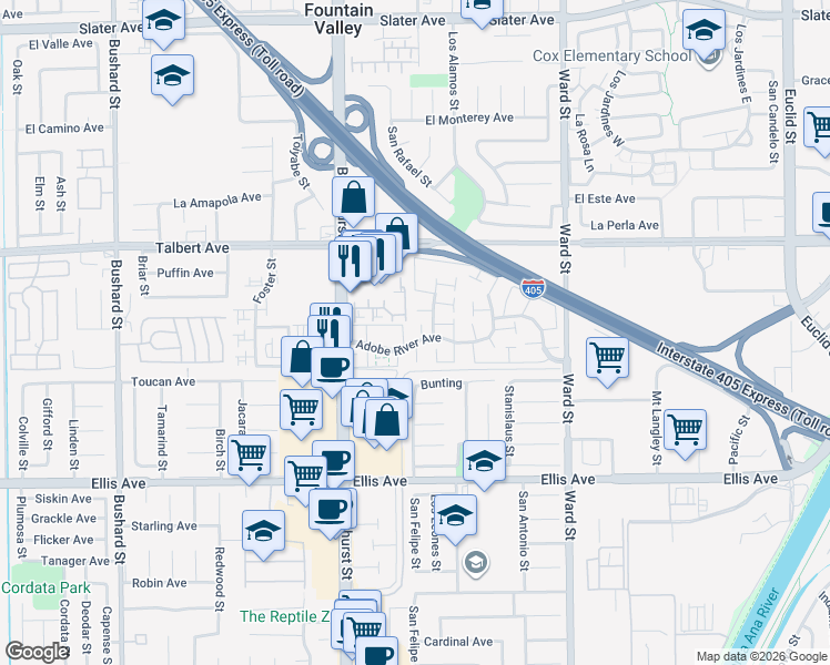 map of restaurants, bars, coffee shops, grocery stores, and more near 18195 Canyon Court in Fountain Valley