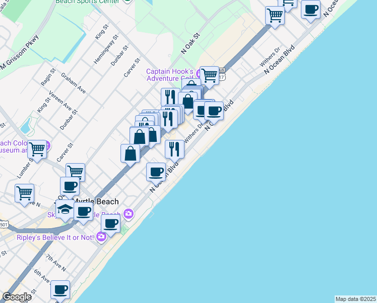 map of restaurants, bars, coffee shops, grocery stores, and more near 1801 North Ocean Boulevard in Myrtle Beach