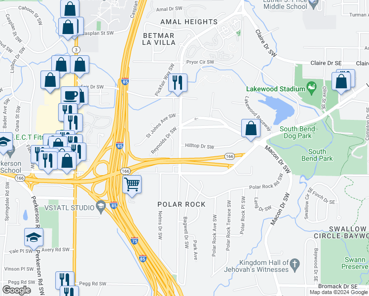 map of restaurants, bars, coffee shops, grocery stores, and more near 2018 Pryor Road Southwest in Atlanta