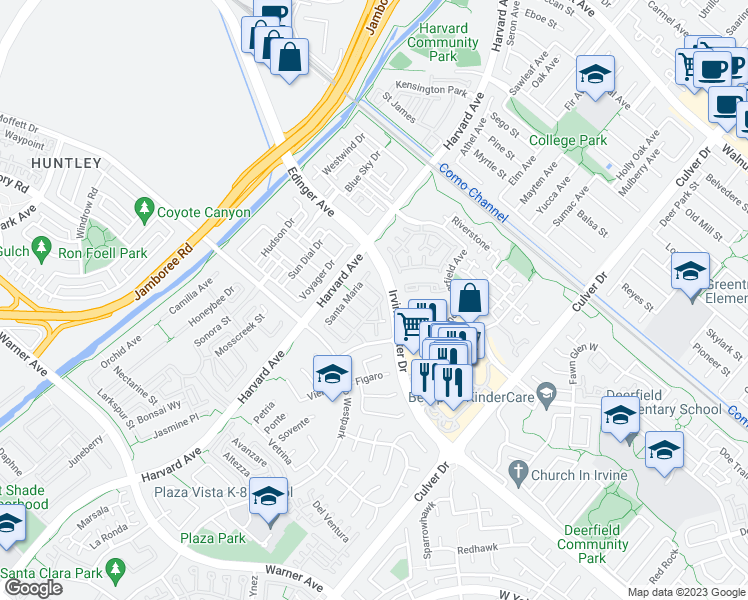 map of restaurants, bars, coffee shops, grocery stores, and more near 500 Santa Maria in Irvine