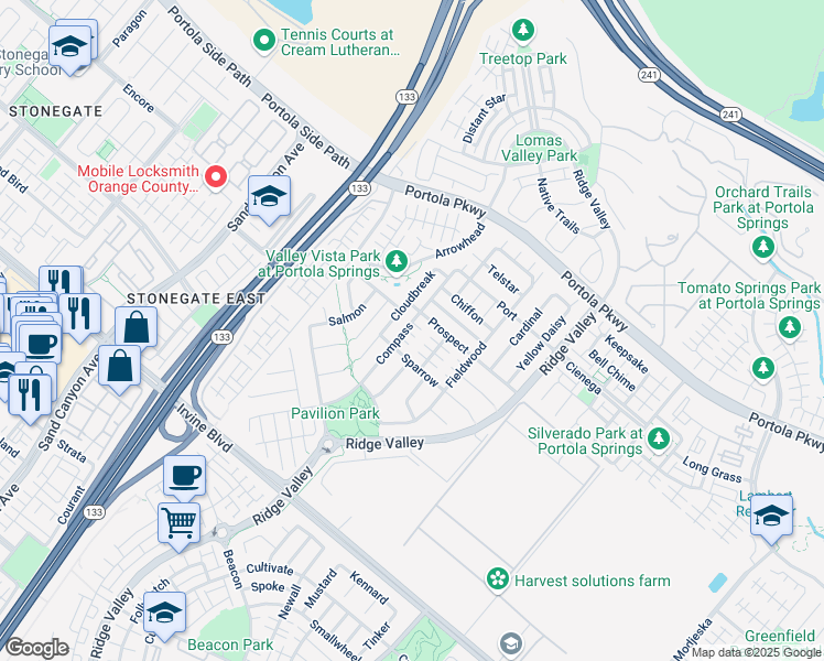 map of restaurants, bars, coffee shops, grocery stores, and more near 148 Compass in Irvine