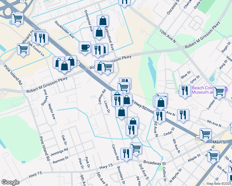 map of restaurants, bars, coffee shops, grocery stores, and more near 1379 U.S. 501 in Myrtle Beach