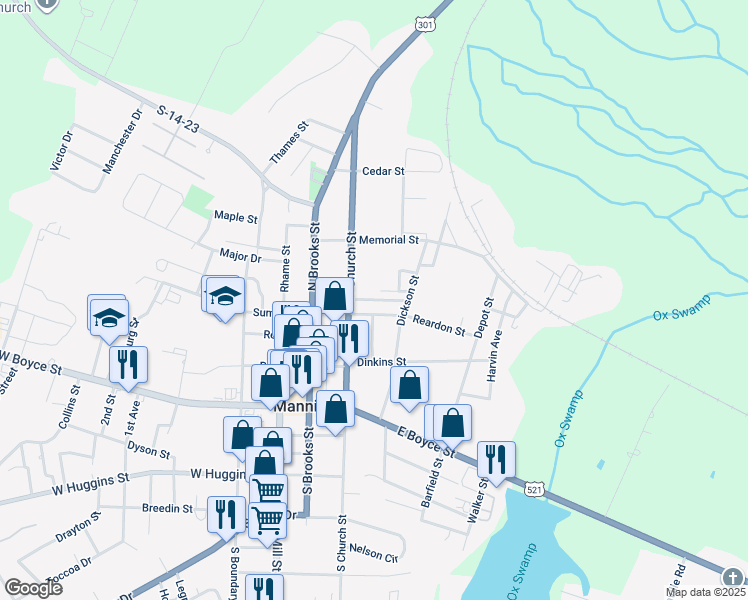 map of restaurants, bars, coffee shops, grocery stores, and more near Davis Street in Manning