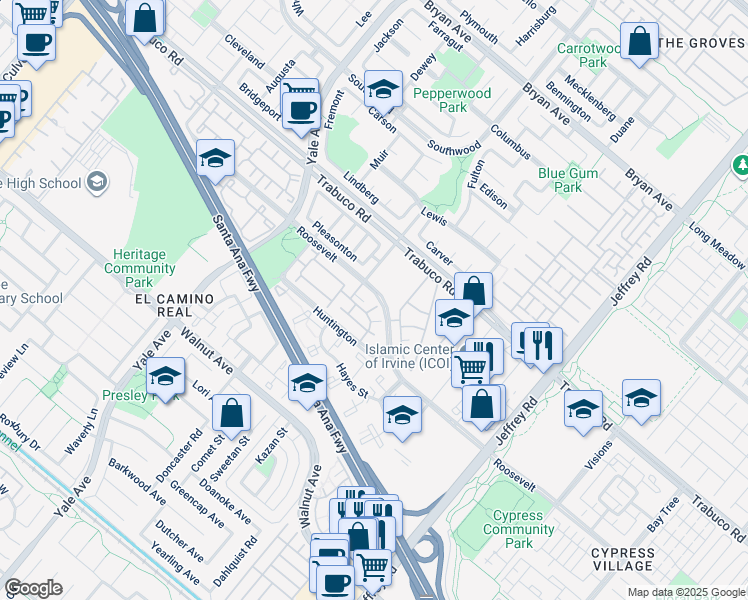 map of restaurants, bars, coffee shops, grocery stores, and more near 56 Roosevelt in Irvine