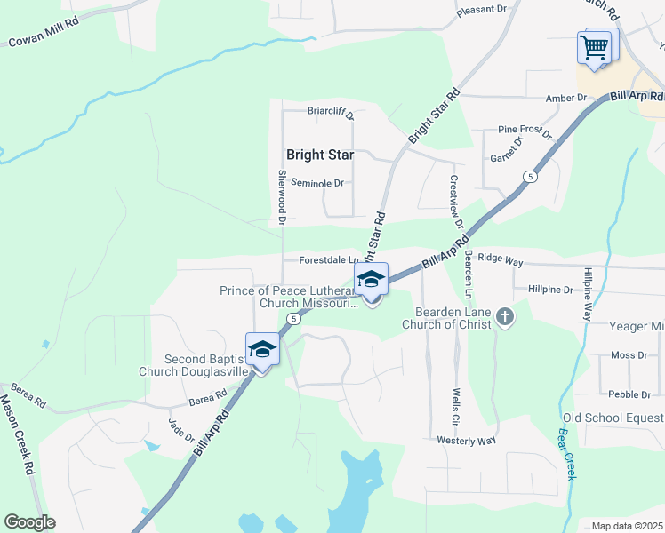 map of restaurants, bars, coffee shops, grocery stores, and more near 6604 Forestdale Lane in Douglasville
