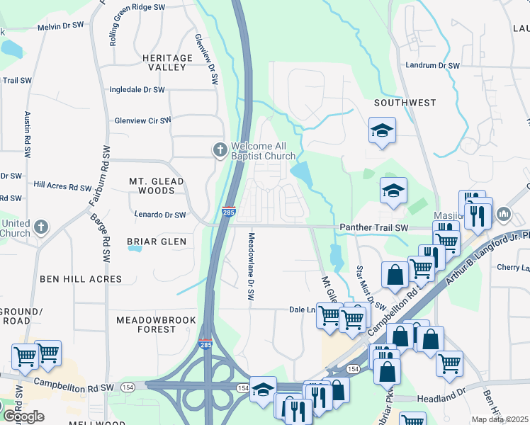 map of restaurants, bars, coffee shops, grocery stores, and more near 3255 Cascade Parc Boulevard Southwest in Atlanta