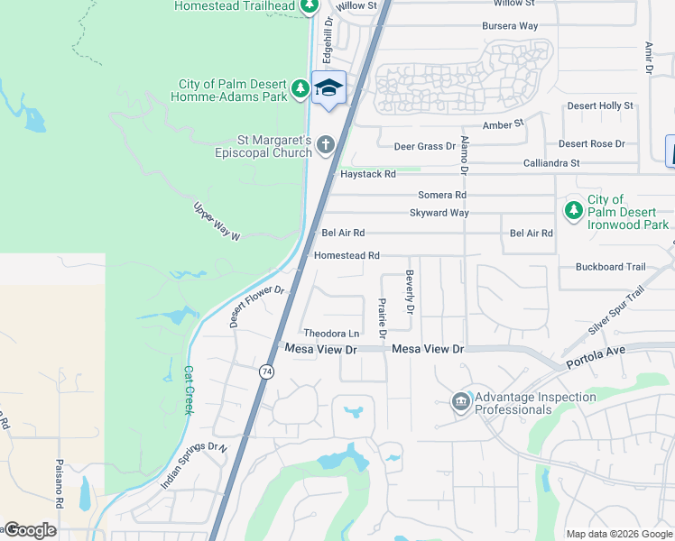map of restaurants, bars, coffee shops, grocery stores, and more near 72660 Desert View Drive in Palm Desert