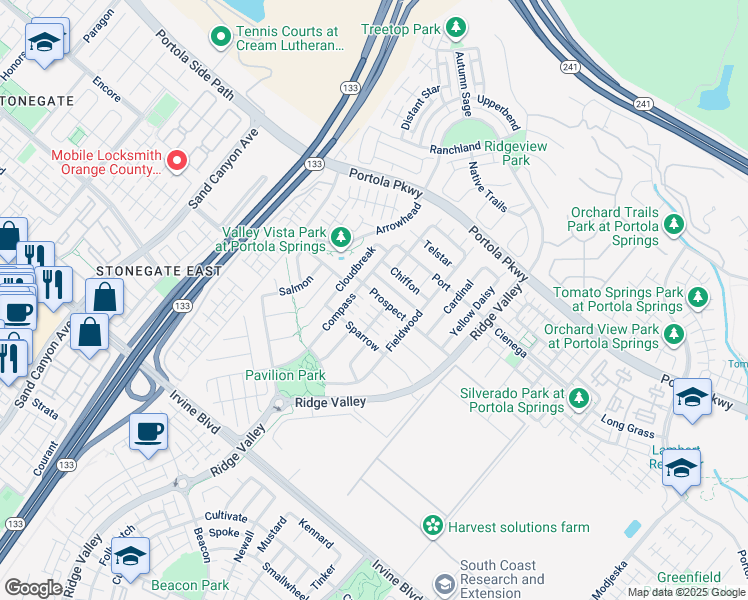 map of restaurants, bars, coffee shops, grocery stores, and more near 130 Prospect in Irvine