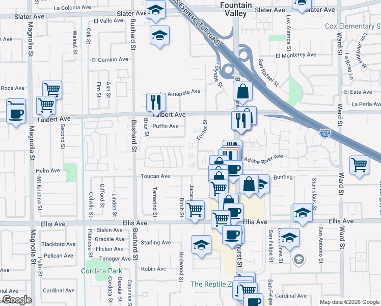 map of restaurants, bars, coffee shops, grocery stores, and more near 9769 Hampton Court in Fountain Valley