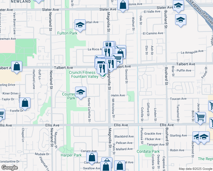 map of restaurants, bars, coffee shops, grocery stores, and more near 18162 Santa Adela Circle in Fountain Valley