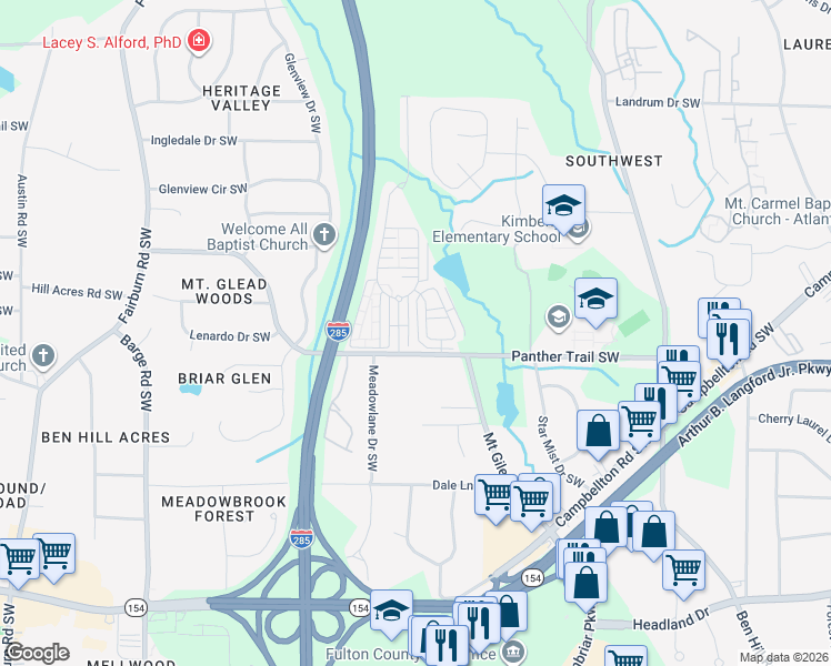 map of restaurants, bars, coffee shops, grocery stores, and more near 3255 Cascade Parc Boulevard Southwest in Atlanta