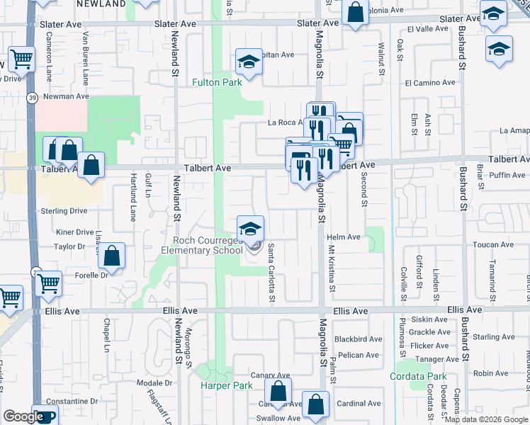 map of restaurants, bars, coffee shops, grocery stores, and more near 18159 Santa Cecilia Circle in Fountain Valley