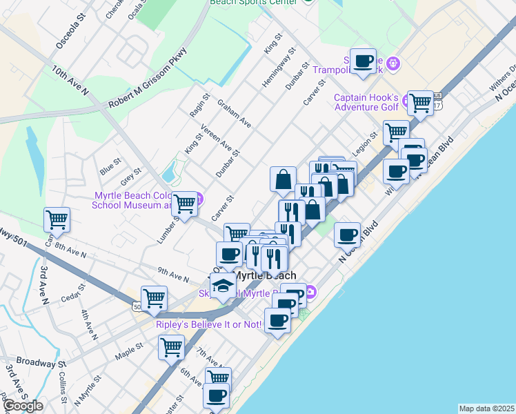 map of restaurants, bars, coffee shops, grocery stores, and more near 1311 Scarlet Lane in Myrtle Beach