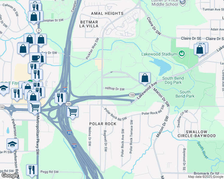 map of restaurants, bars, coffee shops, grocery stores, and more near 266 Hilltop Drive Southwest in Atlanta