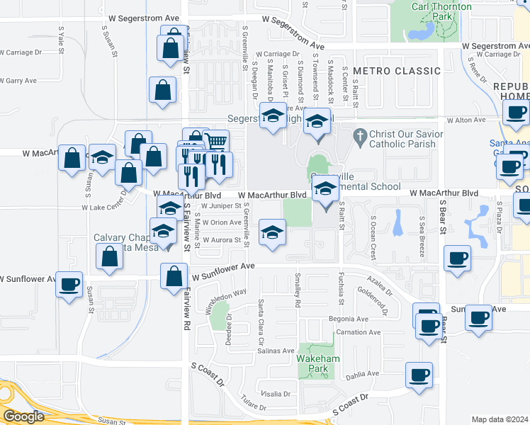 map of restaurants, bars, coffee shops, grocery stores, and more near 2510 West MacArthur Boulevard in Santa Ana