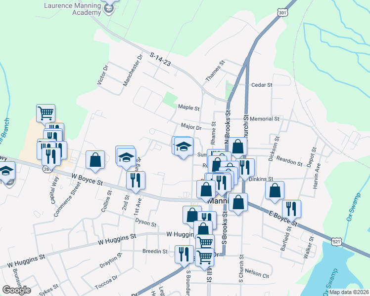 map of restaurants, bars, coffee shops, grocery stores, and more near 105 Sumter Street in Manning