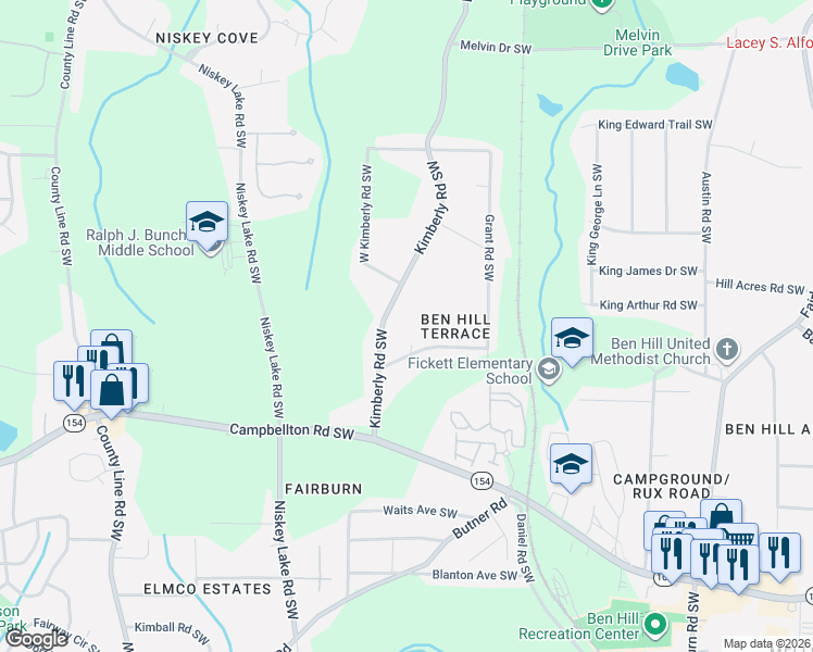 map of restaurants, bars, coffee shops, grocery stores, and more near 2010 Kimberly Road Southwest in Atlanta